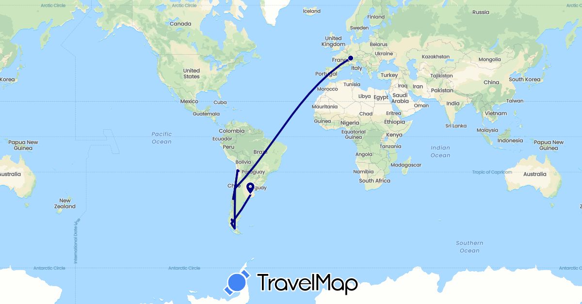 TravelMap itinerary: driving in Argentina, Switzerland, Chile (Europe, South America)